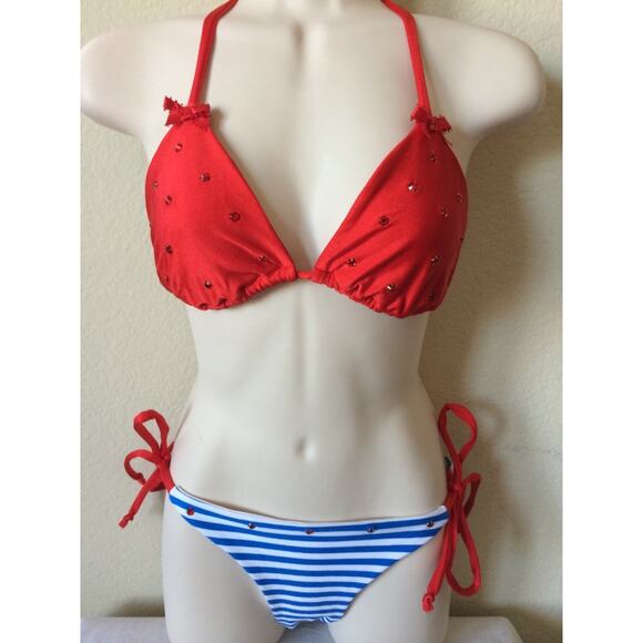 Cynababy Sugar Baby Red Nautical Triangle Scrunch Womens 2pc Bikini Set Size S/L - Picture 1 of 5